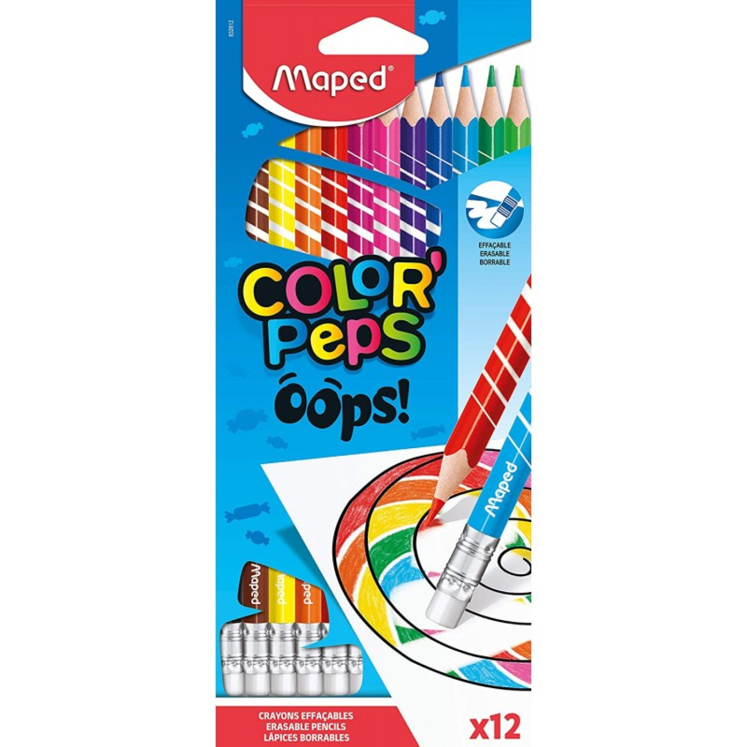 Цветни моливи Maped Color Peps OOPS, изтриваеми, 12 цвята