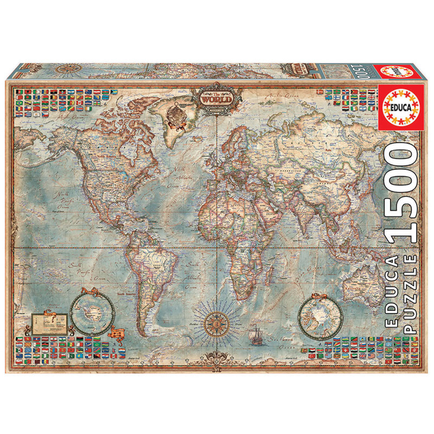 Пъзел Educa Политическа карта на света, 1500 елемента, 16005