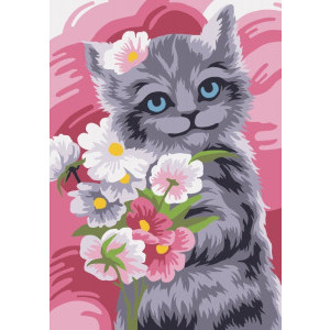 Рисуване по номера Коте с цветя, с подрамка, 13х16.5 см.