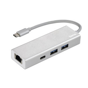 3-портов хъб USB-C HAMA Aluminium, USB 3.1 Gen1, 2 x USB-A, 1 x USB-C, 1х LAN, Сребрист
