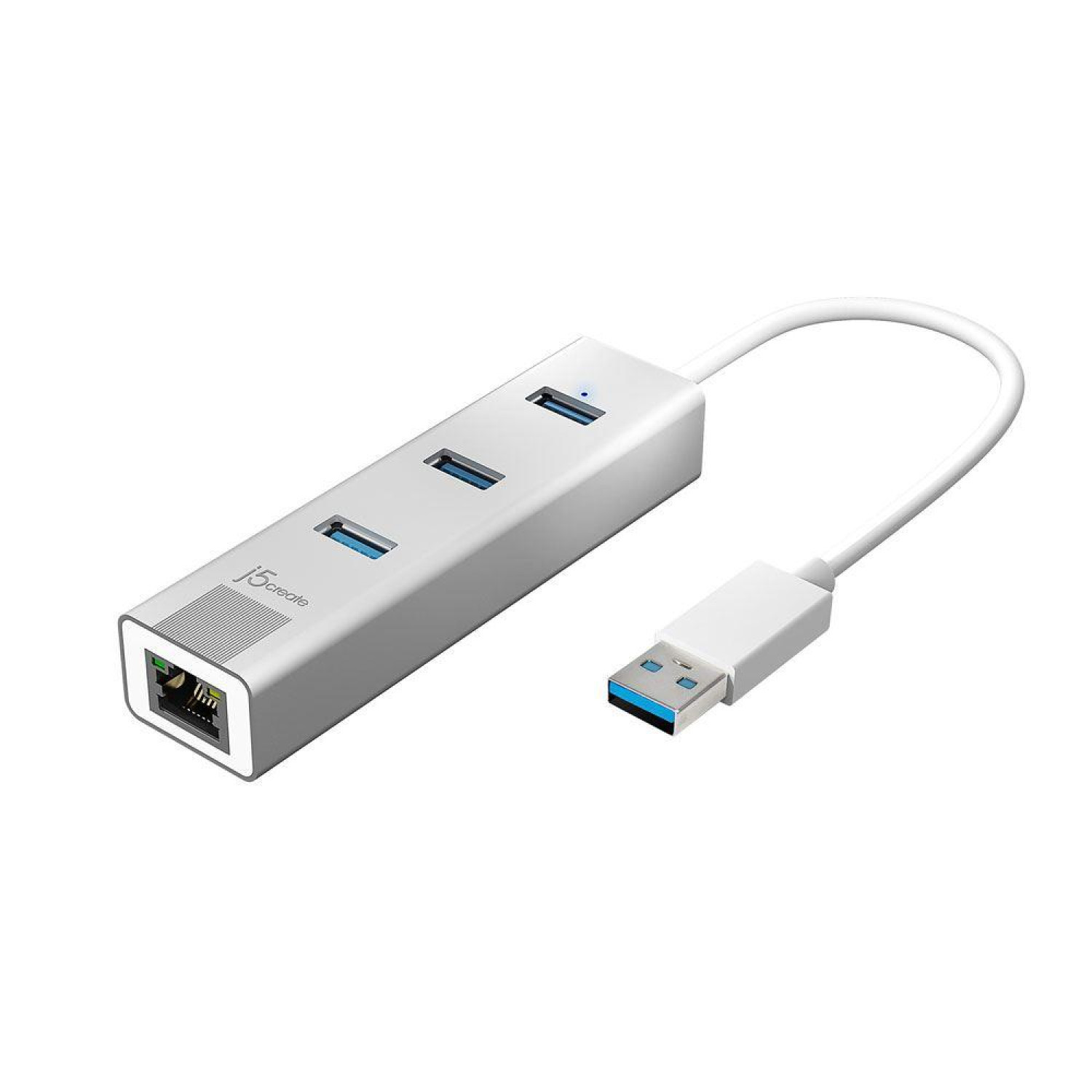 3-портов хъб j5create JUH474, USB 3.0, Gigabit Ethernet, Бял