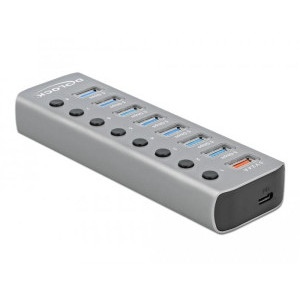 USB хъб Type-C Delock 63264, 7 x USB-A, 1 Fast Charging Port, 1 x USB-B, 1 x USB-C PD, Подсветка, Сив