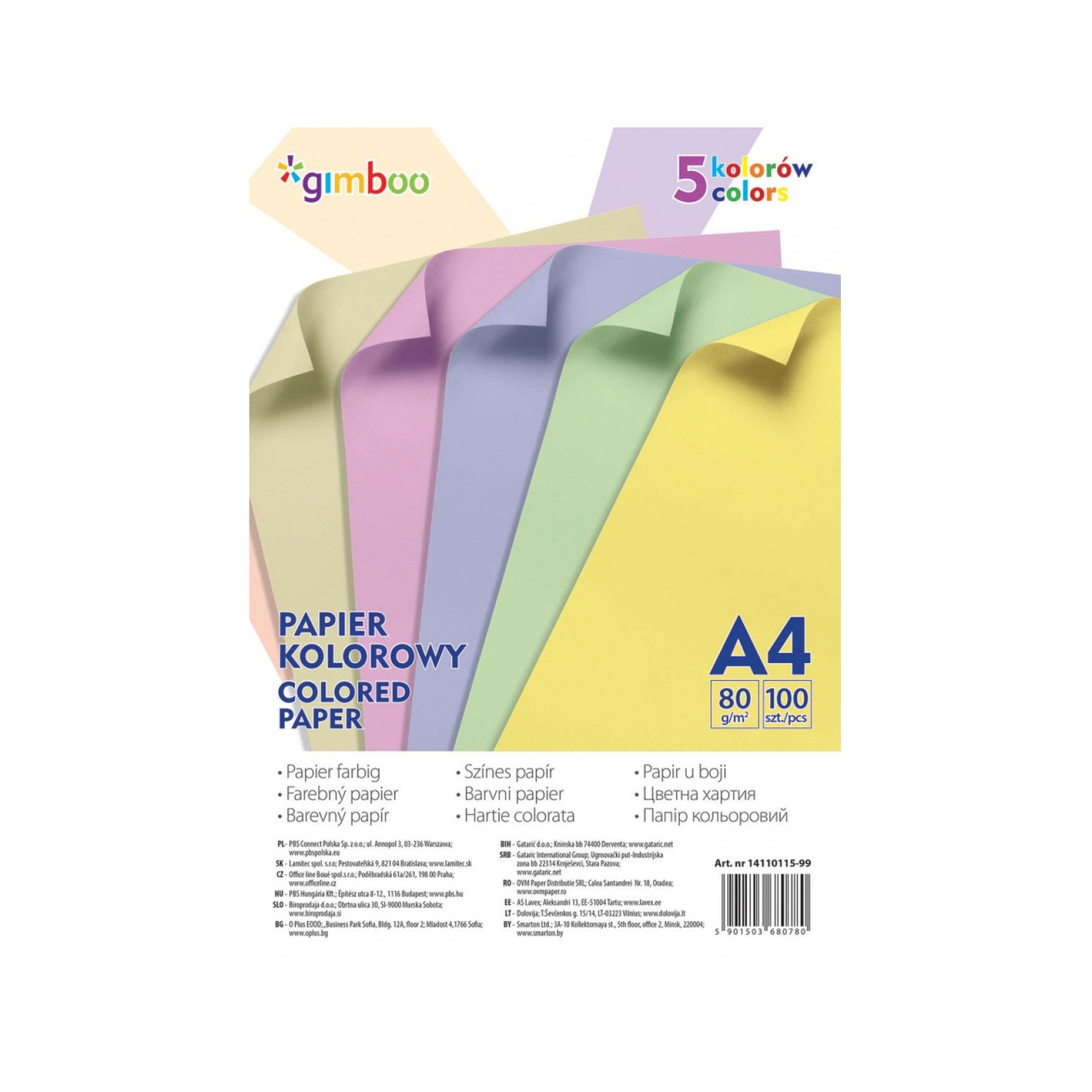 Цветна хартия Gimboo, А4, пастел, 5 цвята, 100 листа