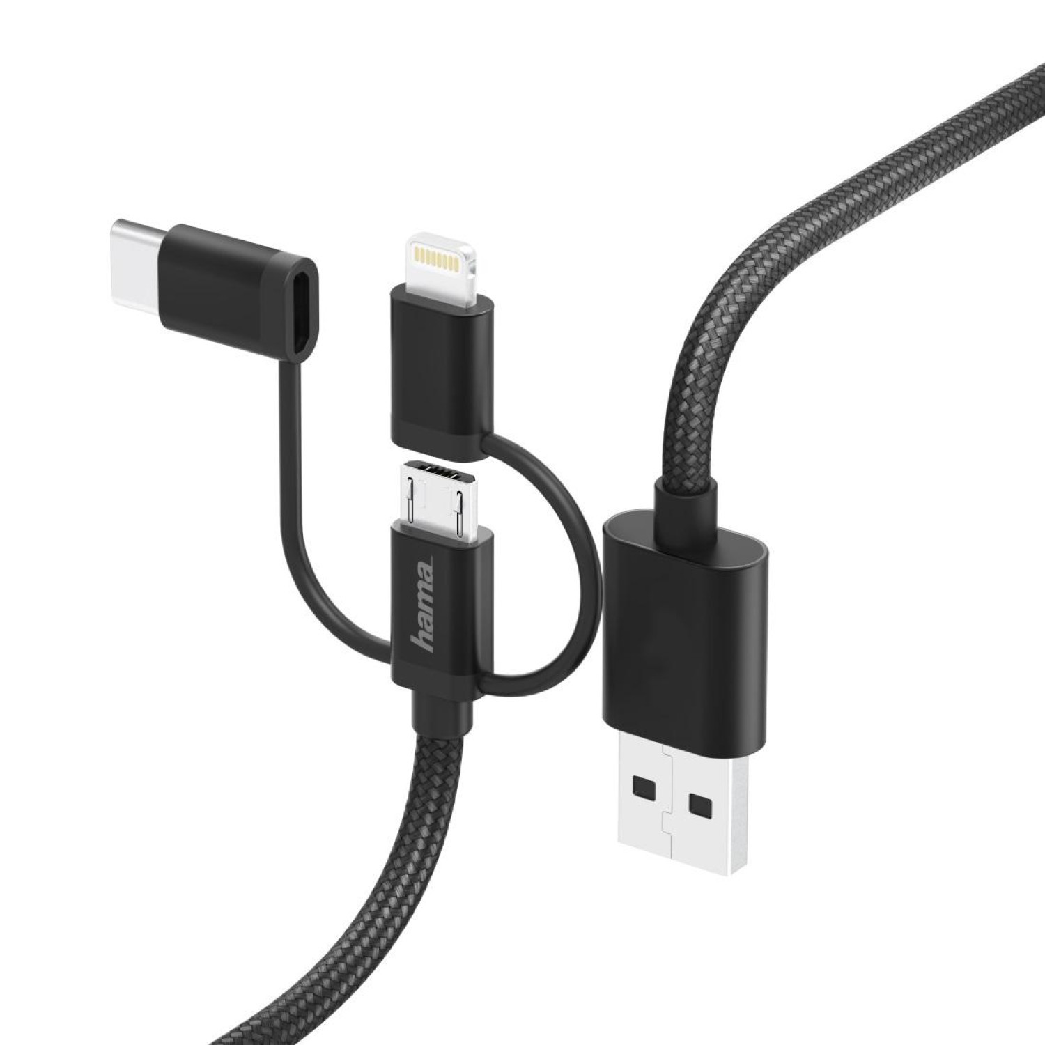 Кабел HAMA 3 в 1, USB-A мъжко - Micro USB мъжко, адаптери Lightning и USB-C, 1.5 м., Черен
