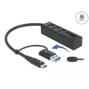 USB хъб Delock 63859, 3.2 Gen 1, 3 x USB-A, SD и MicroSD четец на карти, USB-C, USB-A конектор, Черен